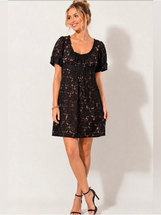 LOFT Dresses & Skirts - LOFT black lace midi dress with nude lining short sleeves Size 2